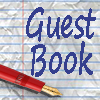 a link to the guestbook, still under construction. A square image of a notebook and a pen. The text GUESTBOOK is written over it