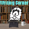 a link to the writing corner, still under construction. A square image of my oc writing in a typewriter with a cup o' joe and a background of books. the text Writing Cornern is written over it